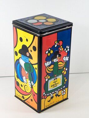 Colourful lithographed storage tin by pop artist Romero Britto